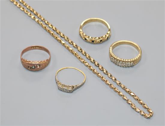 A 9ct gold chain, three 9ct gold rings including diamond set and an 18ct gold ring.